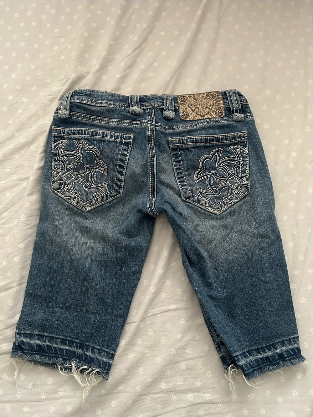 Miss Me Blue Embroidered Capris